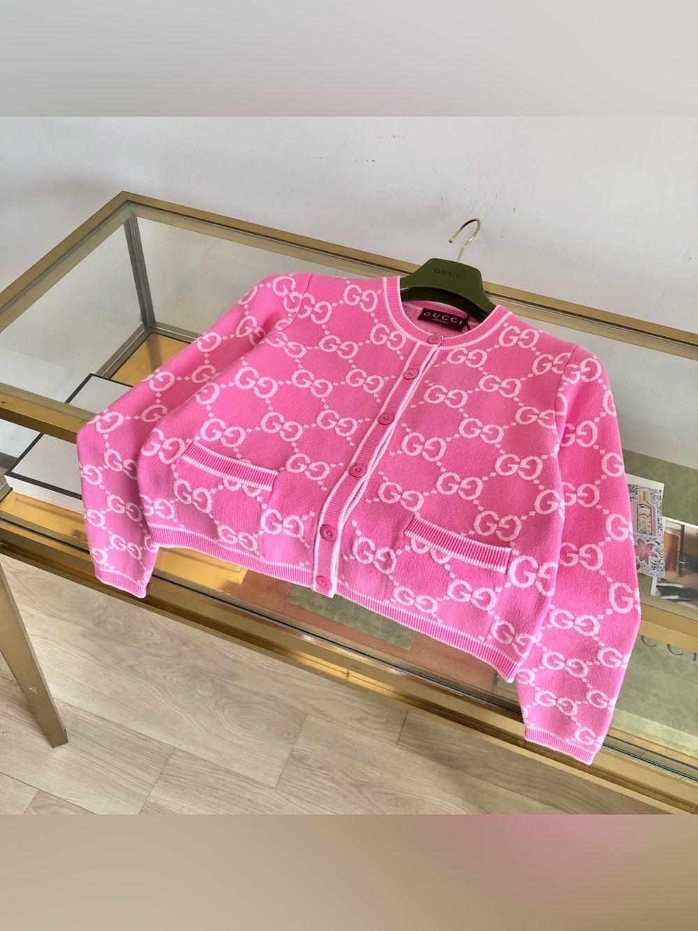 Gucci Pink White GG Monogram Jacquard Crewneck Knit Cardigan